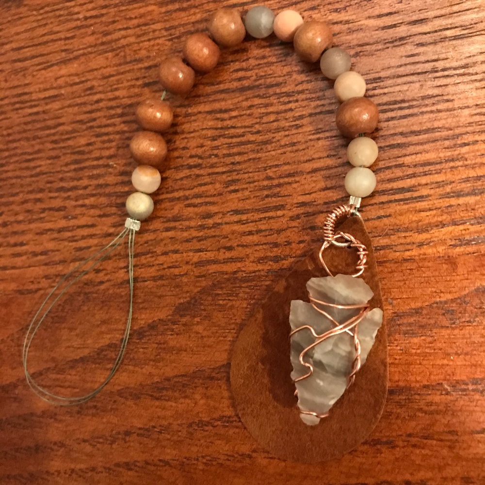 Car charm. Beyong wood beads , sunstone, arrowhead